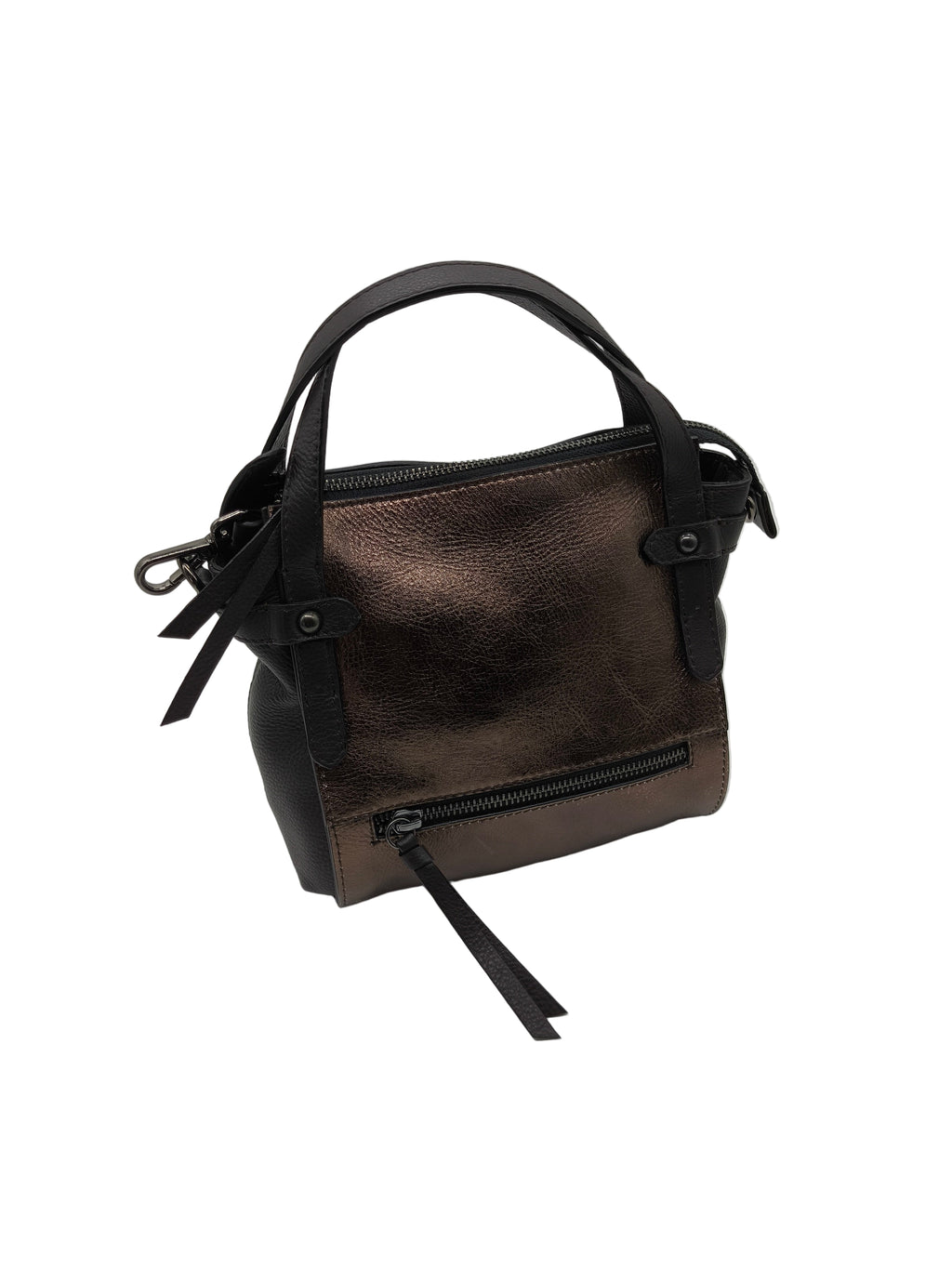 Brown handbag with black accents on a white background