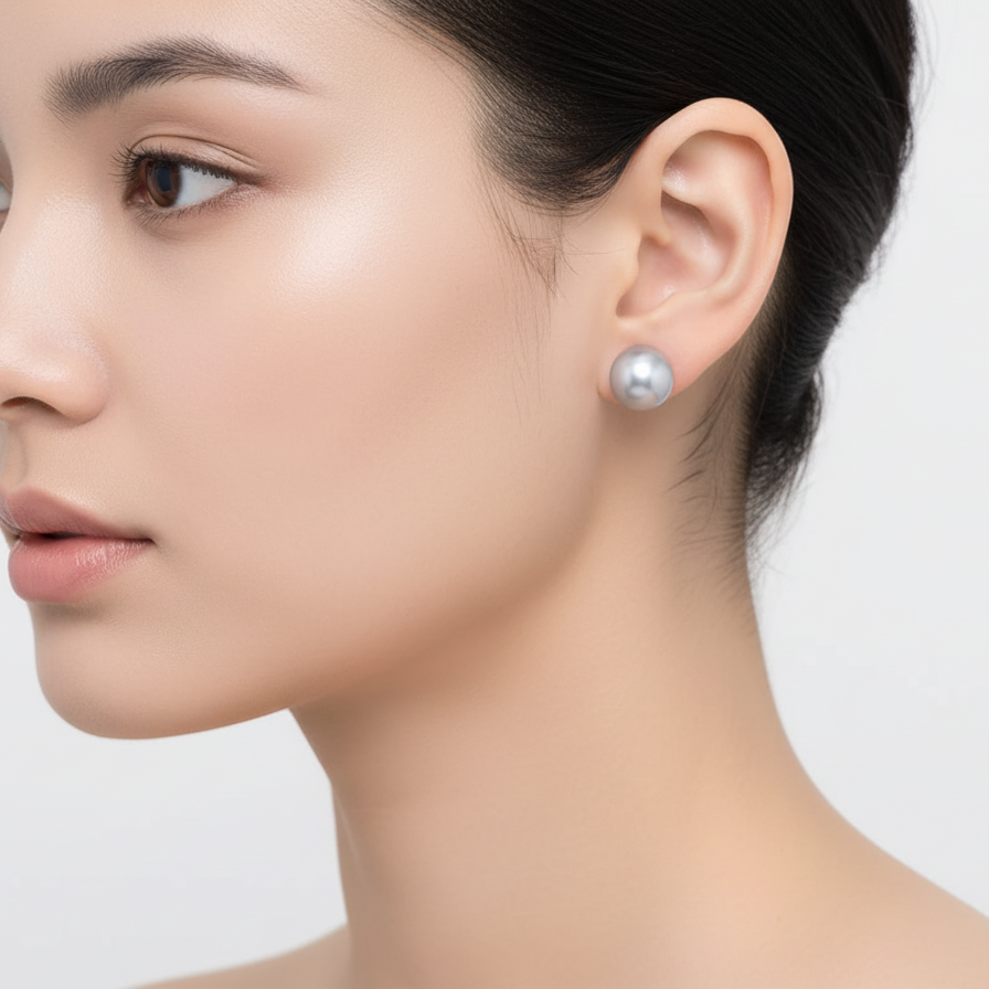 A pair of silver-colored stainless steel earrings with pearls, showing the front and back of the earrings.