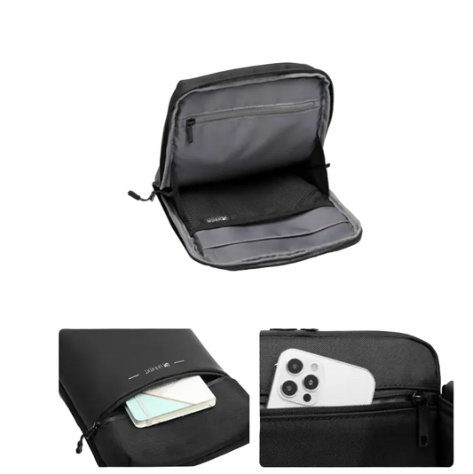 Black backpack with compartments and phone pocket on a white background