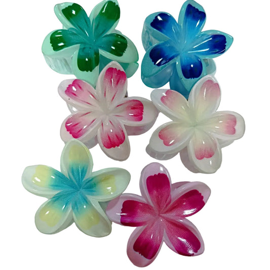 Colorful flower-shaped objects on a white card with a wooden surface underneath.