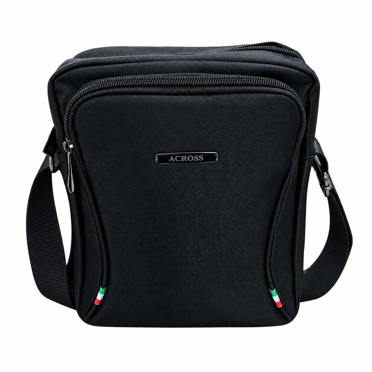 Across black multi-pocket crossbody shoulder bag front view on white background