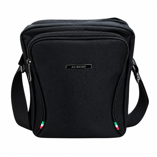 Across black multi-pocket crossbody shoulder bag front view on white background