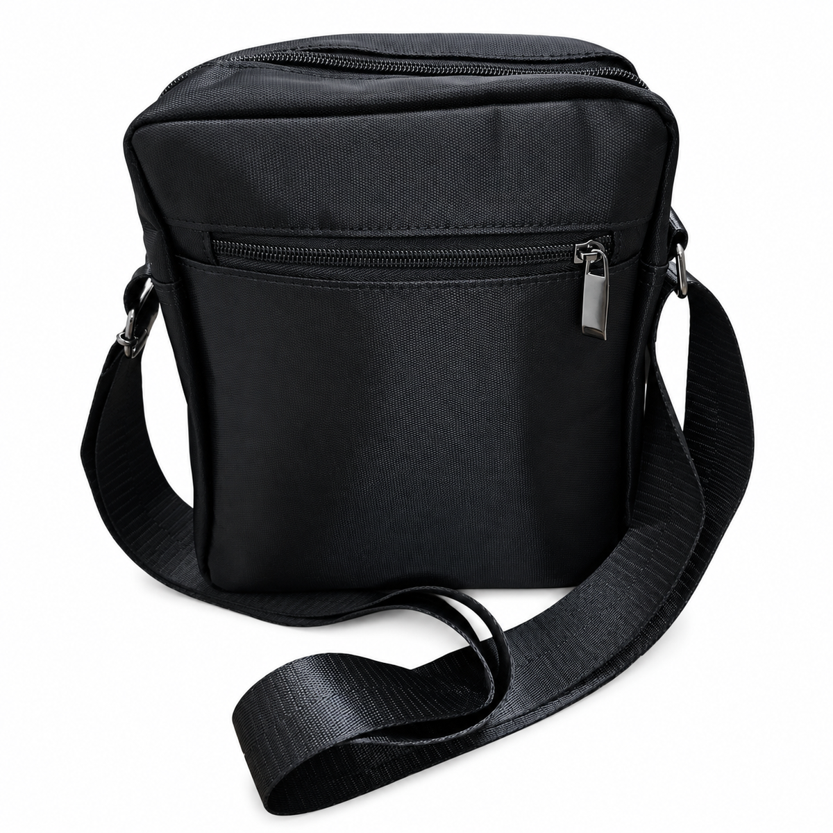 Across black multi-pocket crossbody shoulder bag rear view on white background