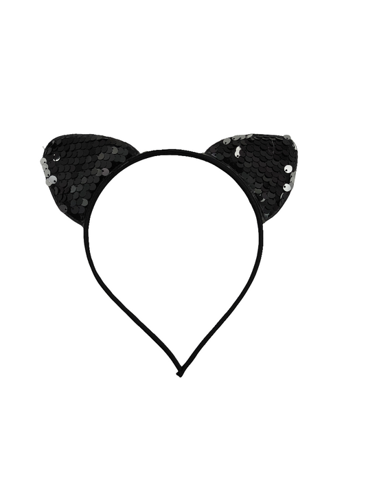 A black sequin hair hoop accessory shaped like a cat ear