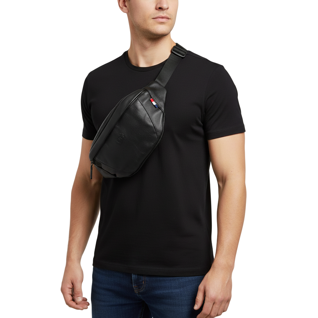Men's black leather waist bag with an adjustable strap and two zip pockets.