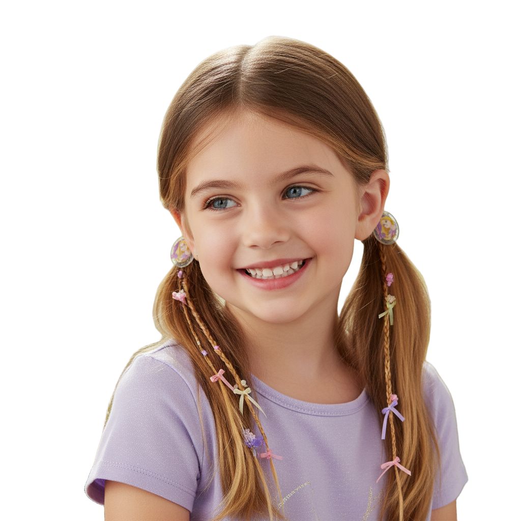 Packaged children's hair accessories featuring a princess theme, including purple elastic bands with princess characters.