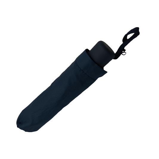 A closed blue umbrella with a blue handle, isolated on a white background.
