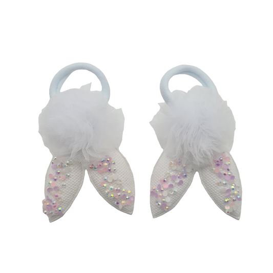 Migant Cute Bunny Ear Pom Pom Hair Ties – Set of 4 Colors