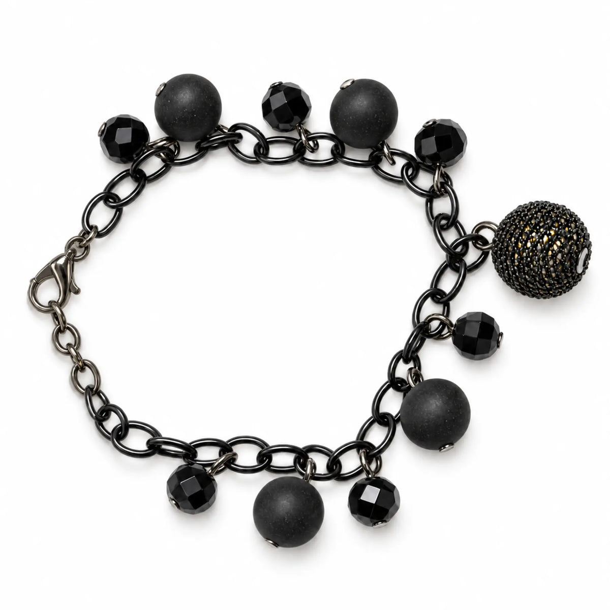 Black charm bracelet with textured mesh-ball detail