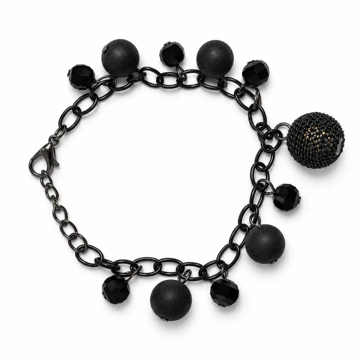 Black-tone bracelet with matte, faceted and mesh-ball charms