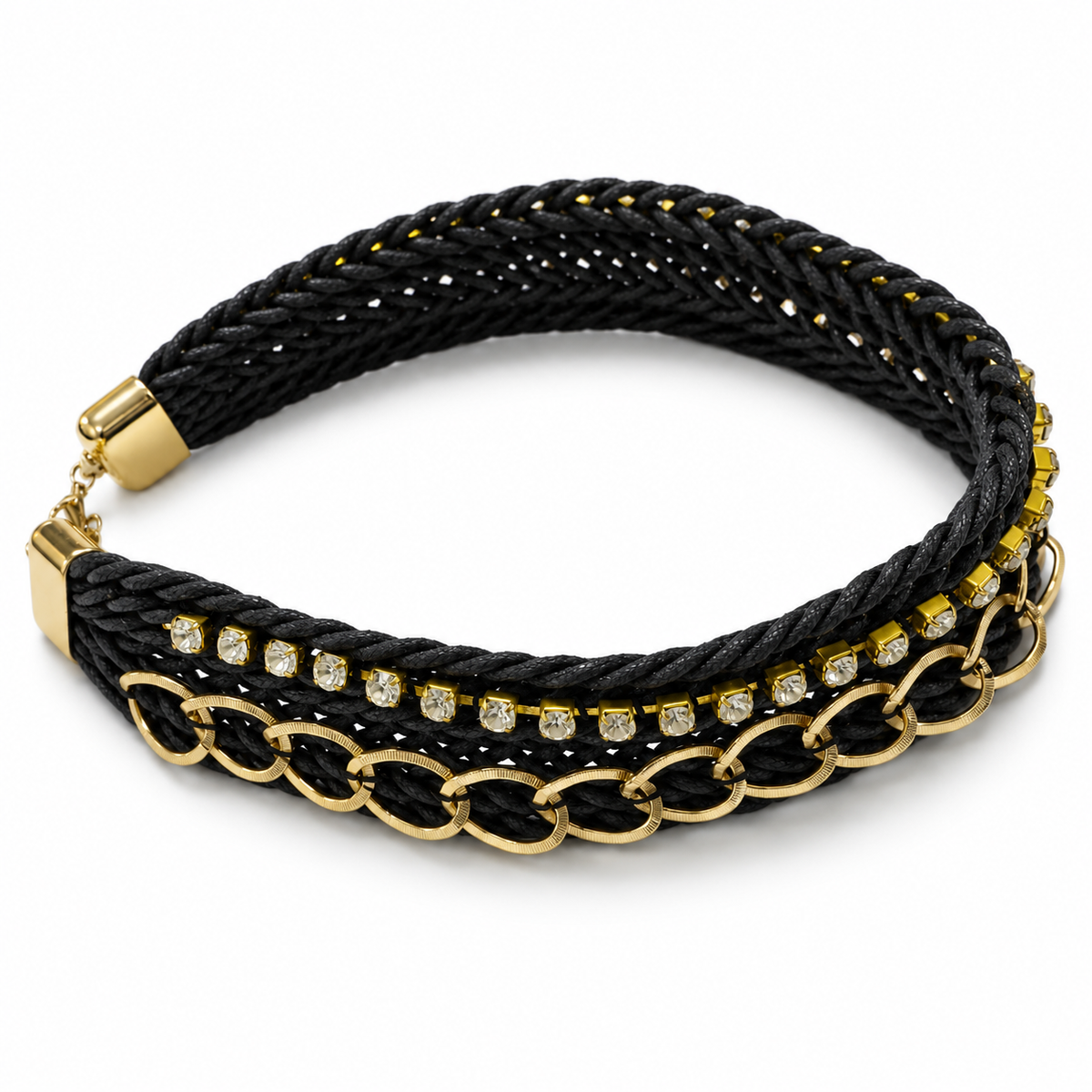 Women's black braided statement necklace with gold-tone links and crystal detail