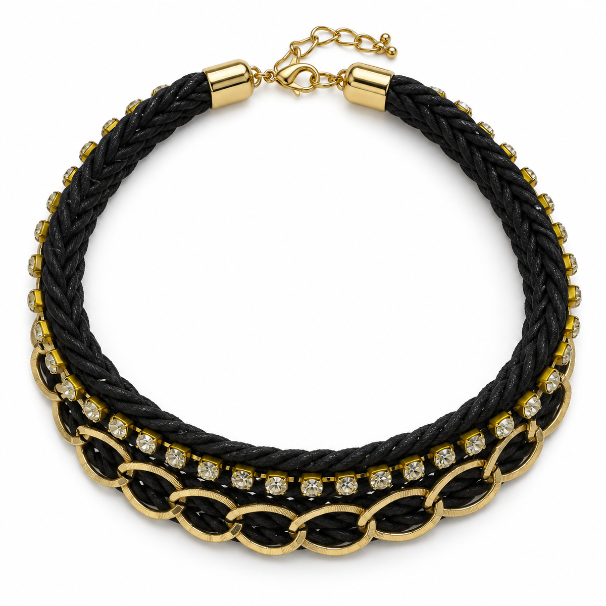 Women's black braided statement necklace with gold-tone links and clear crystals, top view