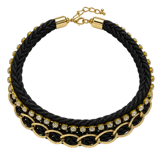 Women's black braided statement necklace with gold-tone links and clear crystals, top view