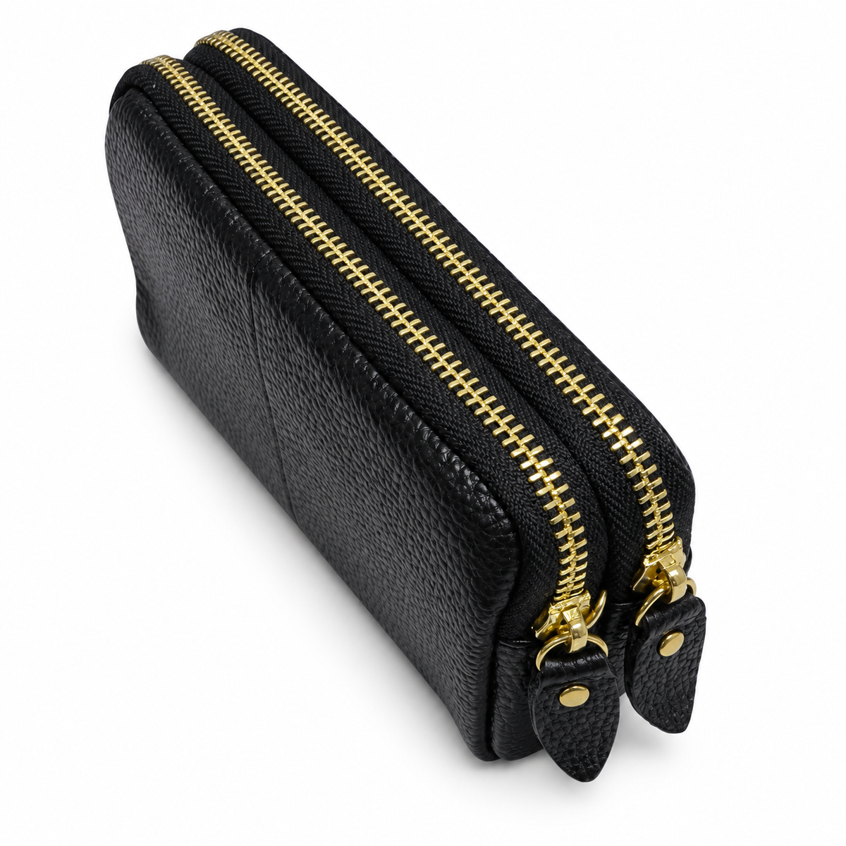 Women's black double-zip wallet with gold hardware - angled view