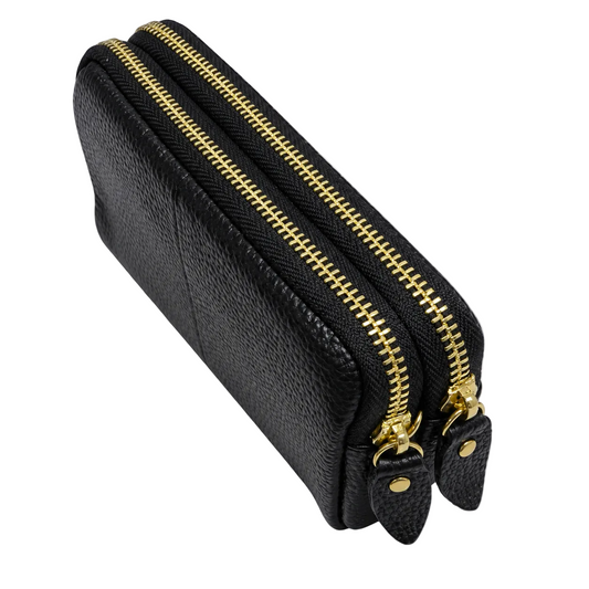 Women's black double-zip wallet with gold hardware - angled view