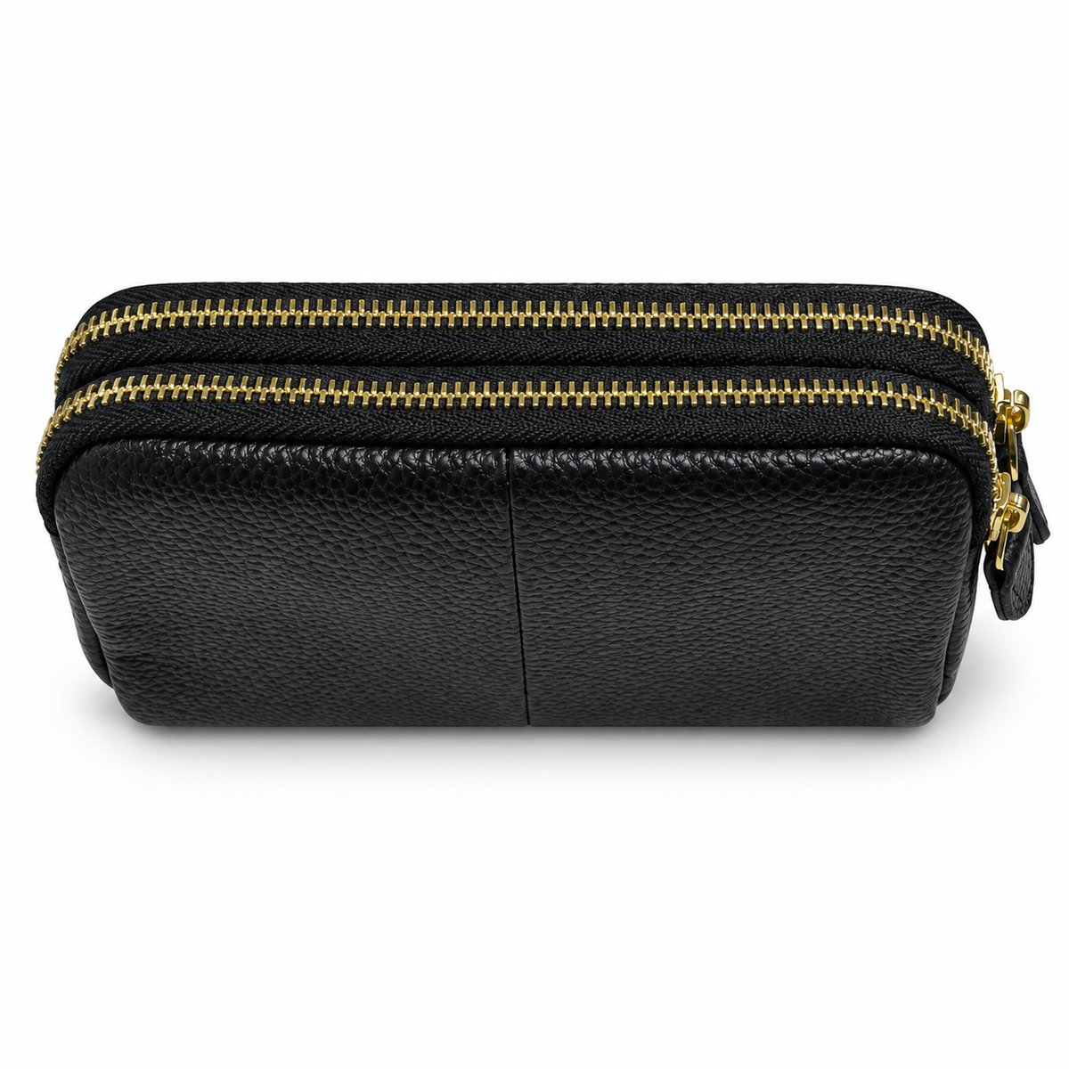 Women's black double-zip wallet with gold hardware - front view