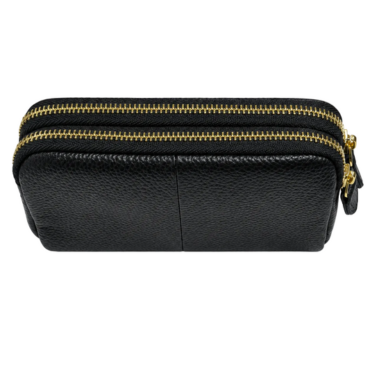 Women's black double-zip wallet with gold hardware - front view