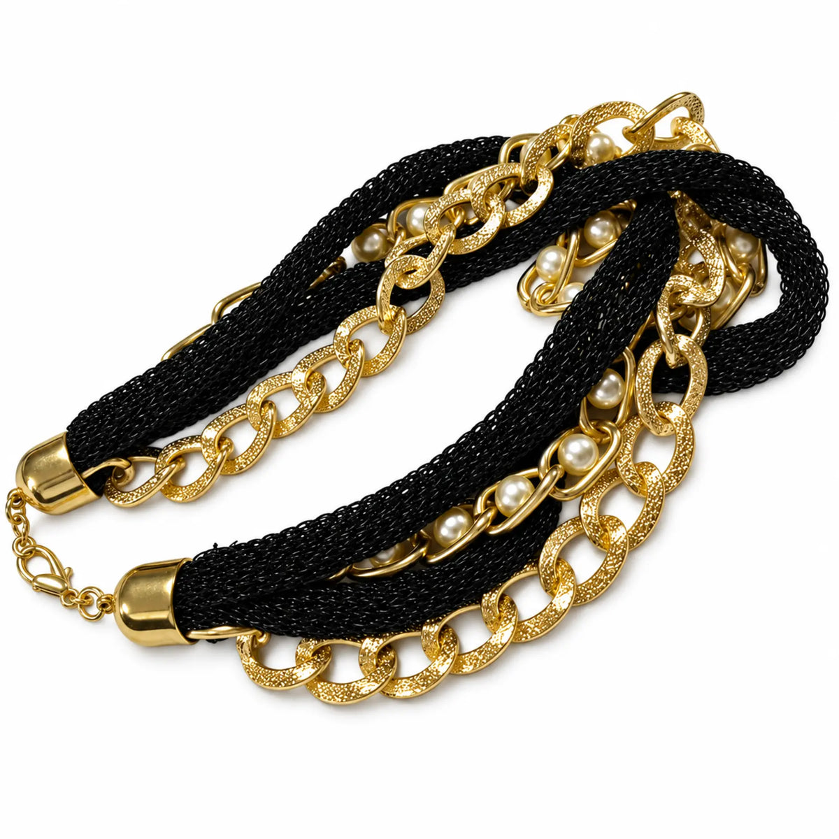 Black multi-strand necklace with gold-tone chains and pearl-style beads, angle view