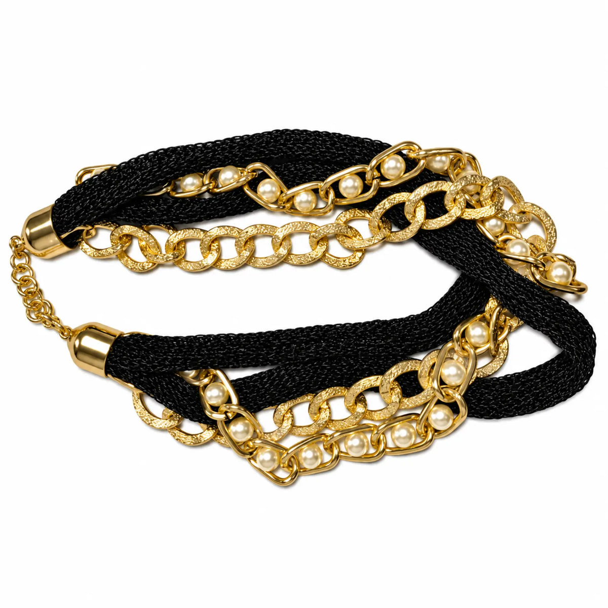Black multi-strand necklace with gold-tone chains and pearl-style beads, front view