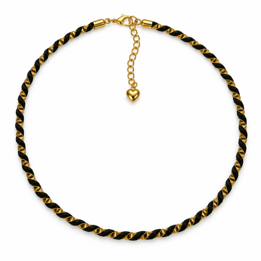 Black and gold twisted cord necklace with heart detail