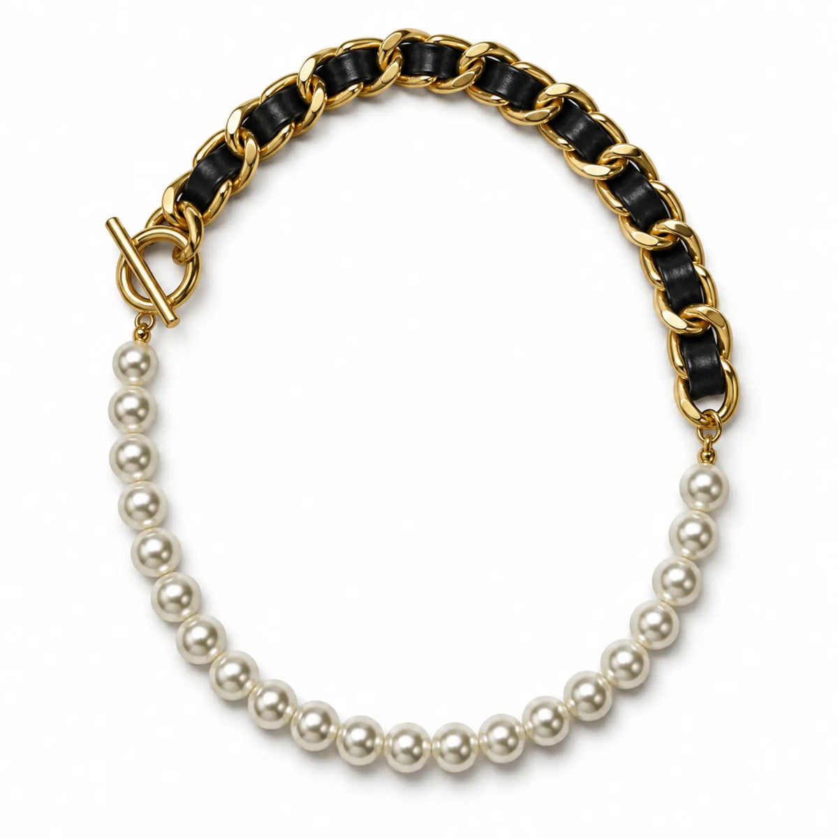 Upright pearl-style necklace with black ribbon woven through gold-tone chain and toggle clasp