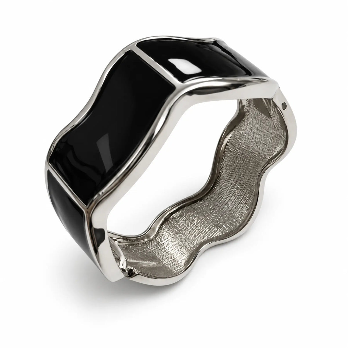 Women's black and silver-tone wavy hinged bangle open view