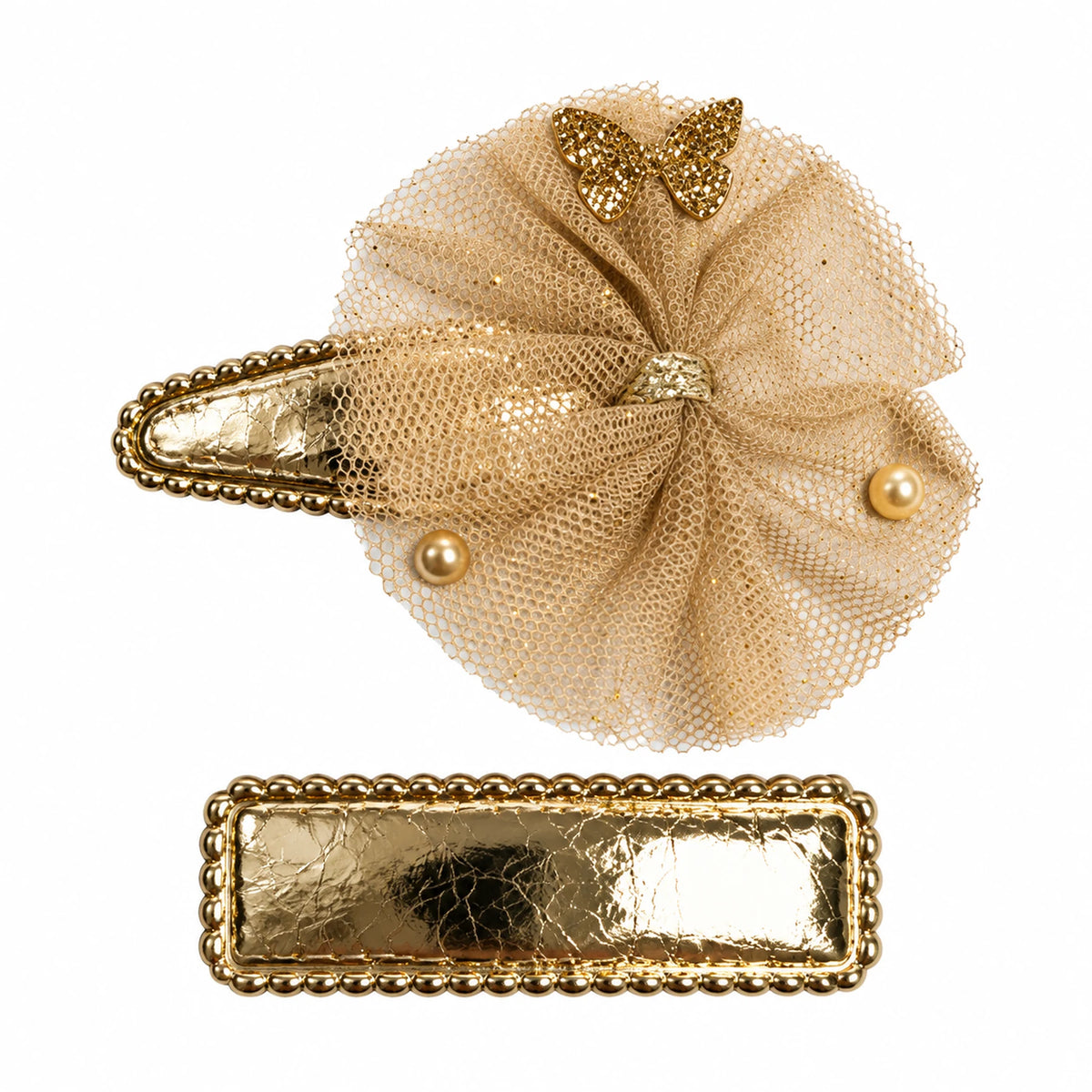 Gold butterfly tulle flower hair clips, two-piece set