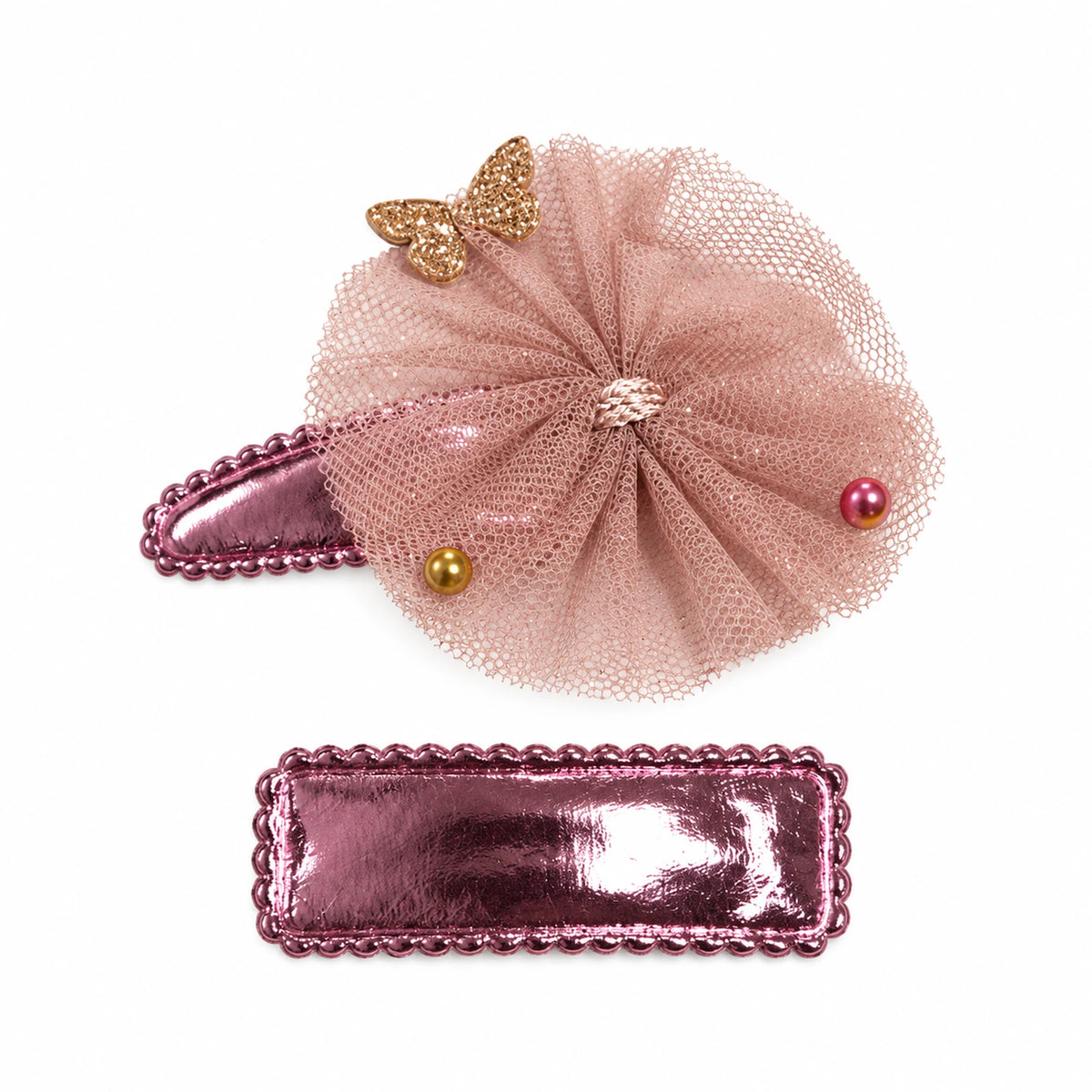 Rose pink butterfly tulle flower hair clips, two-piece set