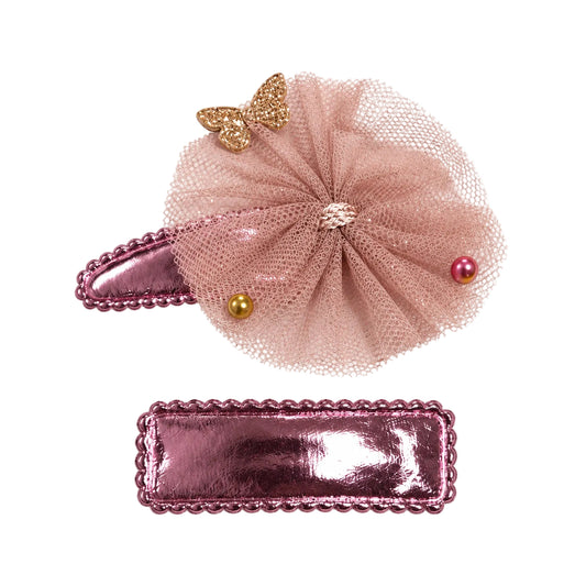 Rose pink butterfly tulle flower hair clips, two-piece set