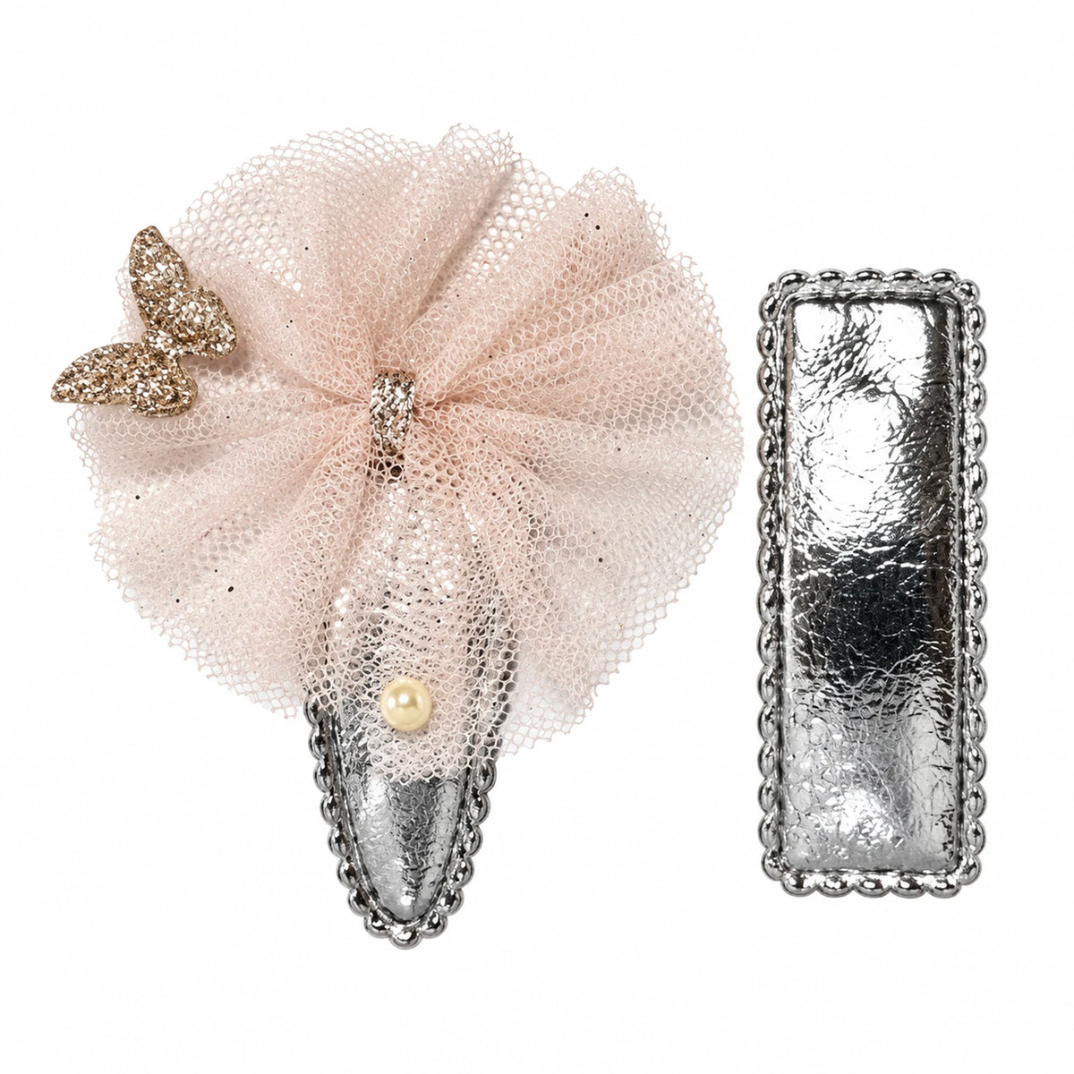 Silver butterfly tulle flower hair clips, two-piece set