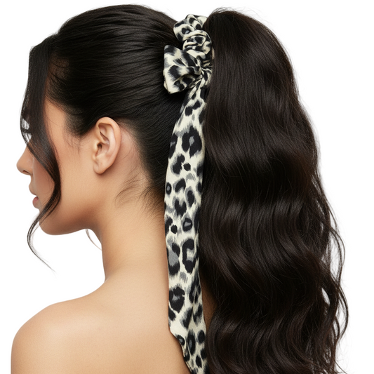 Leopard Print Satin Scrunchie Bow Set