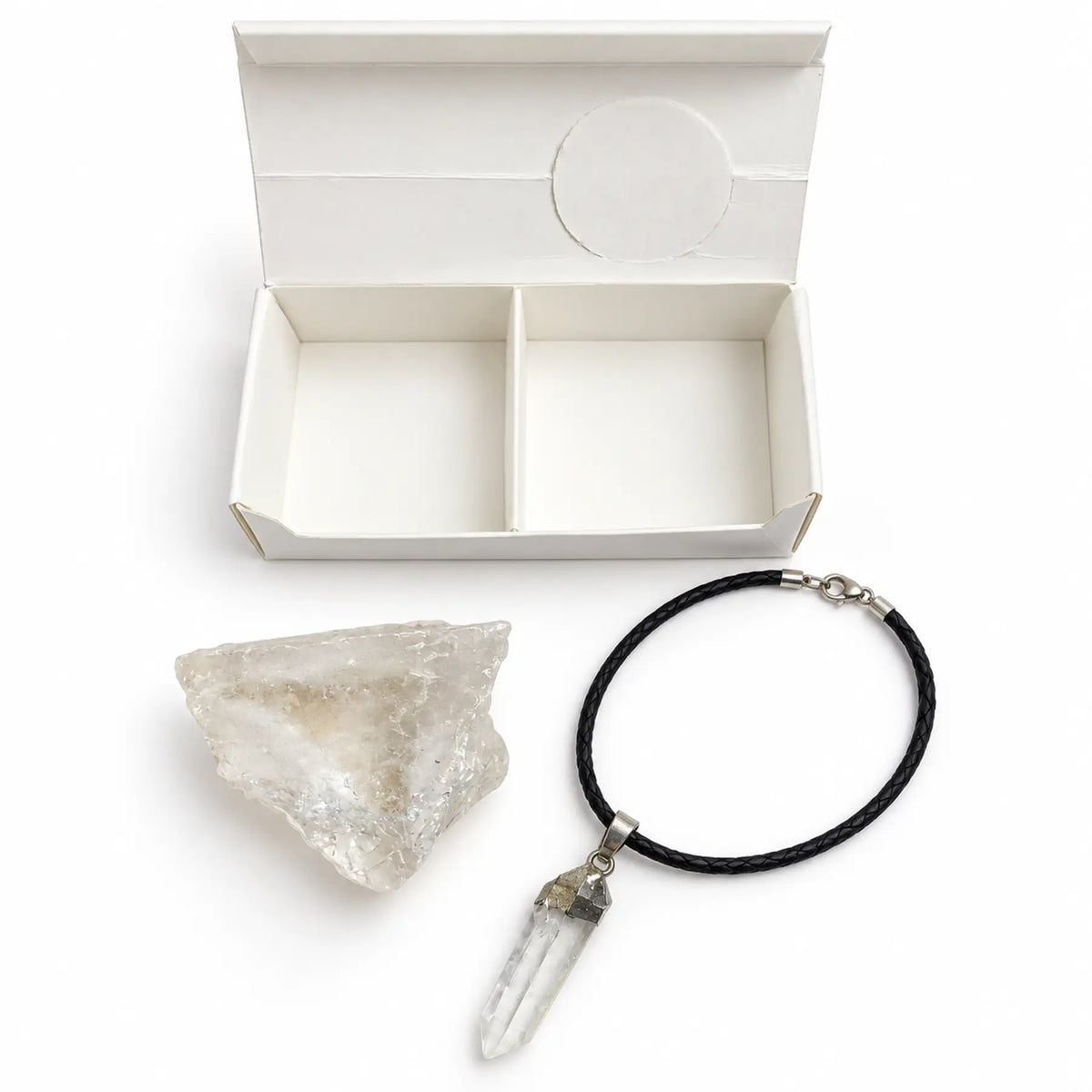 Clear quartz-point necklace, rough crystal and presentation box