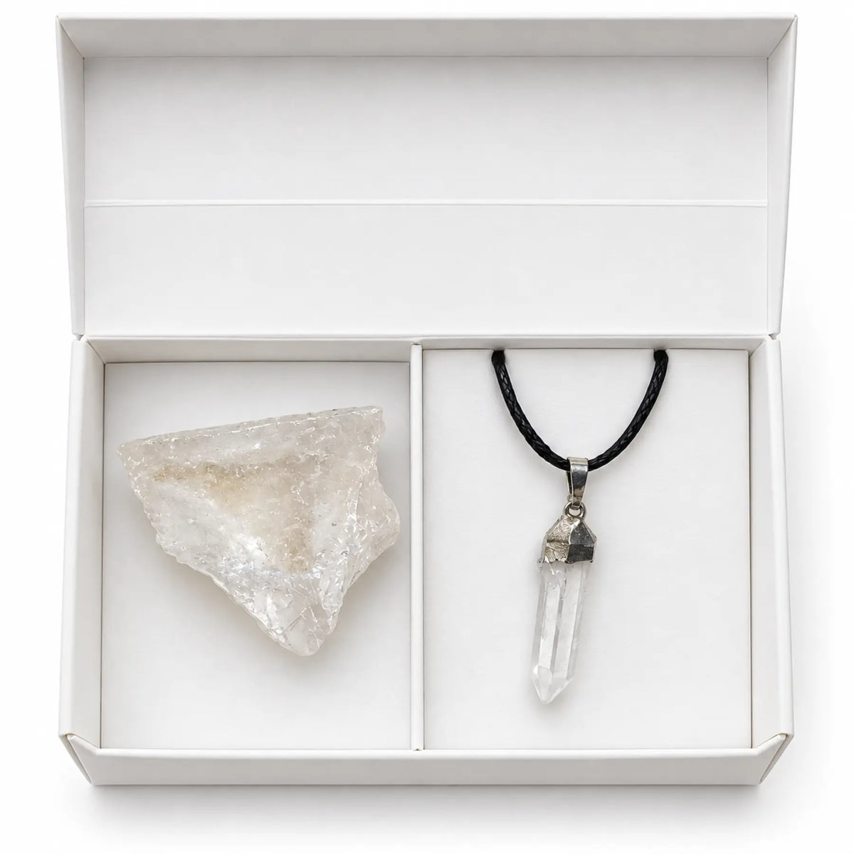 Clear quartz-point necklace and rough crystal gift set in presentation box