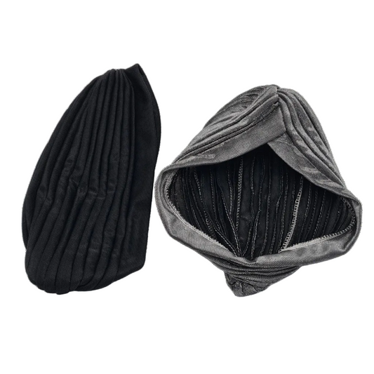 turban-style hair accessory displayed from two angles, showing the inside and outside.