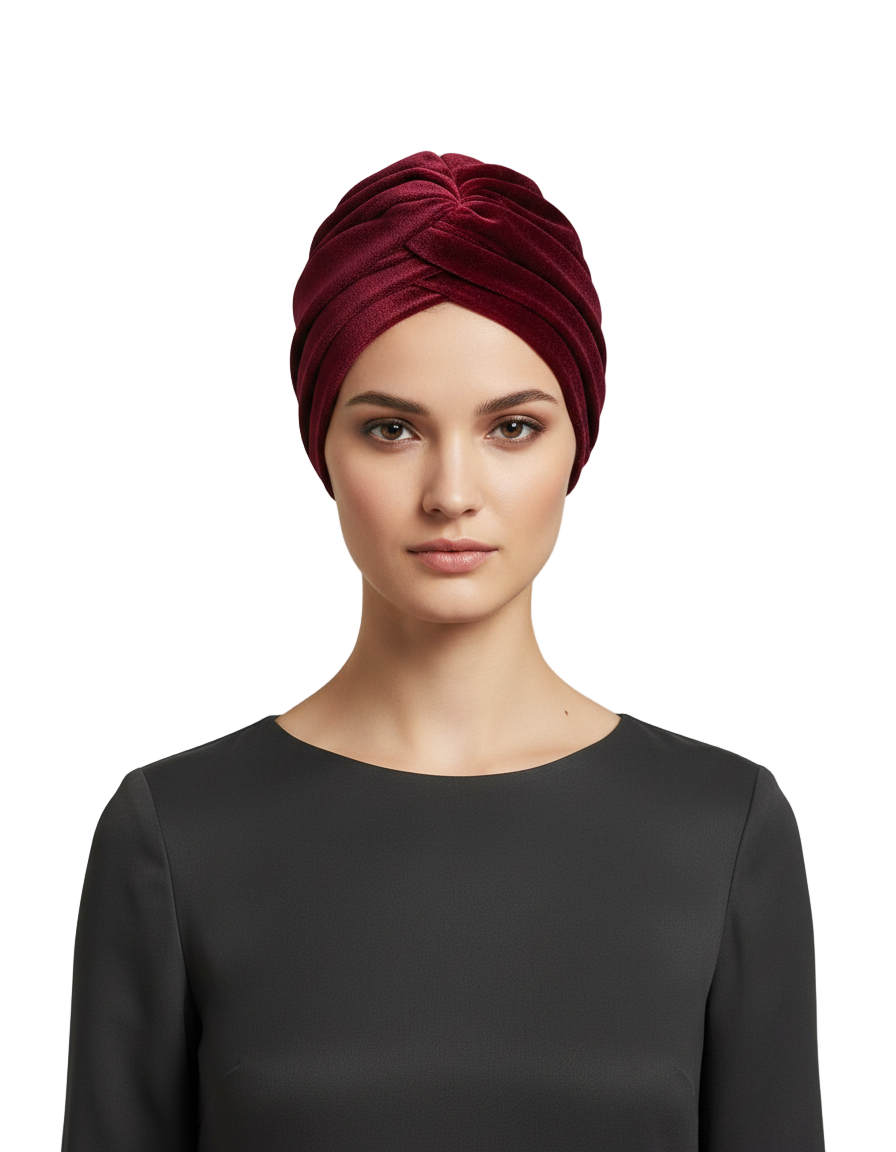 Woman wearing a red turban against a white background