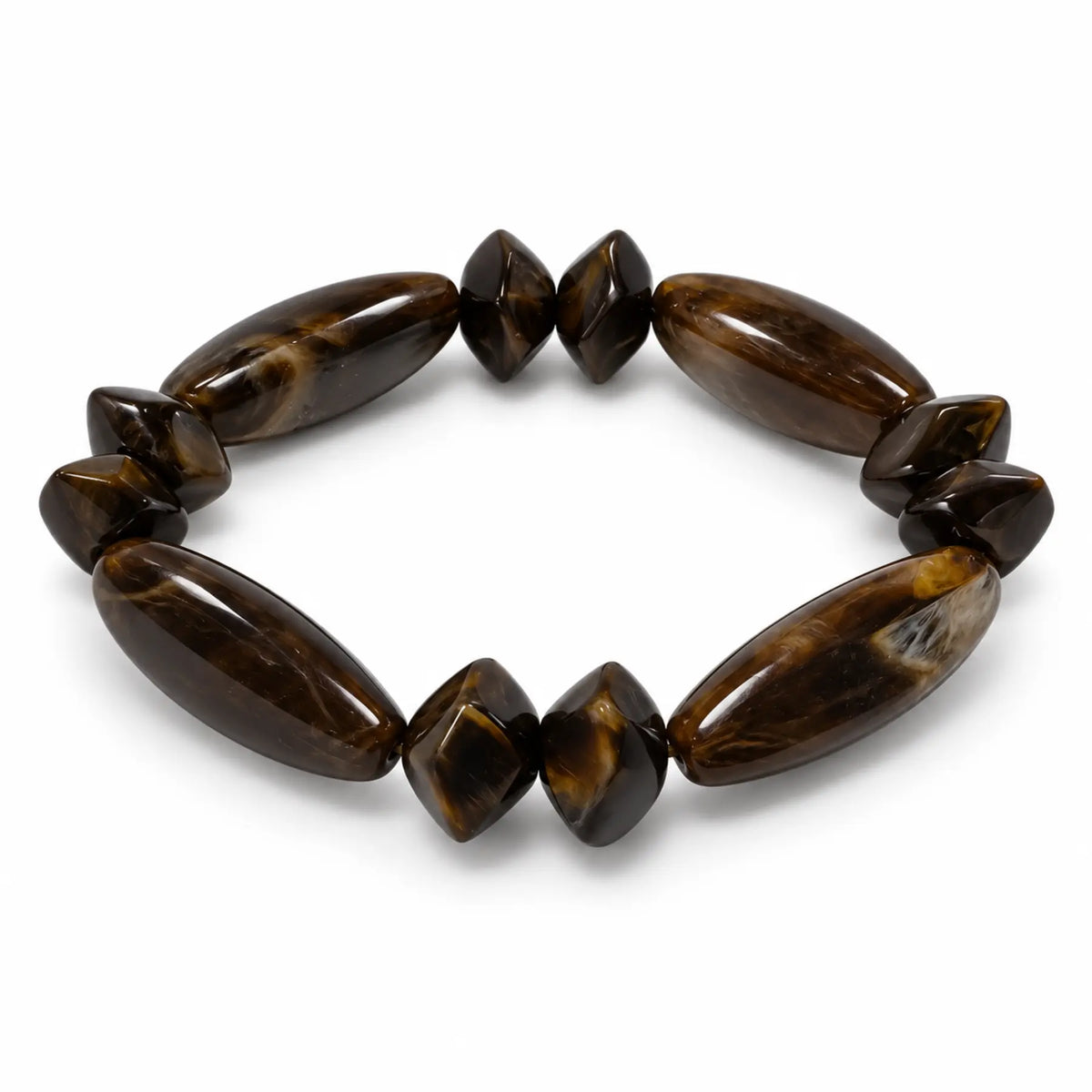 Dark brown glossy marbled bead stretch bracelet, angled view