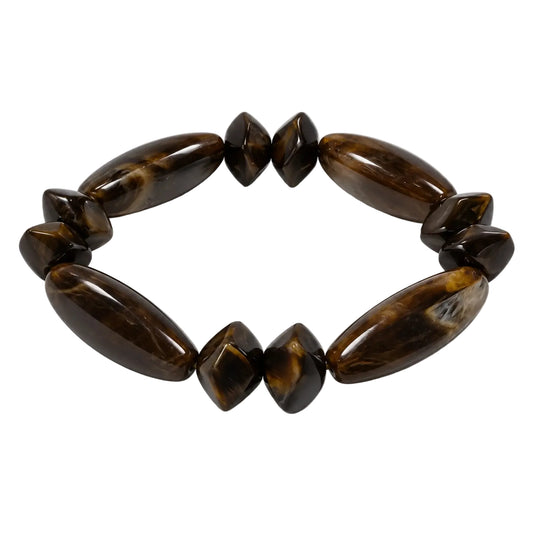 Dark brown glossy marbled bead stretch bracelet, angled view