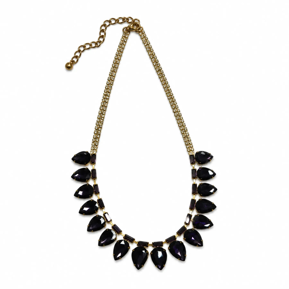 Upright gold-tone necklace with dark faceted teardrop stones