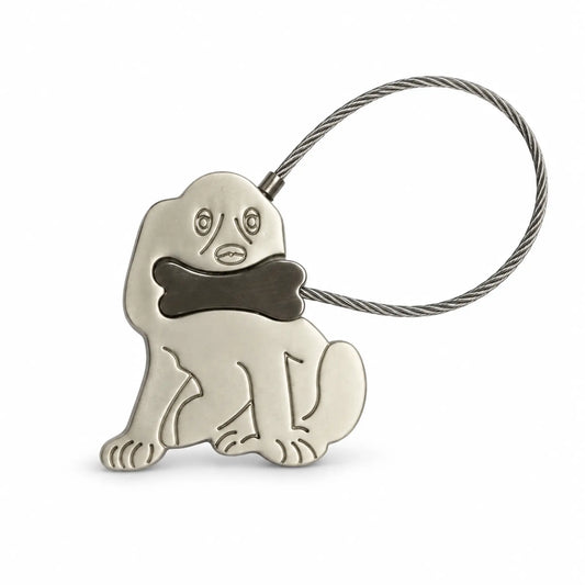 Silver-tone dog-shaped metal cable keyring closed