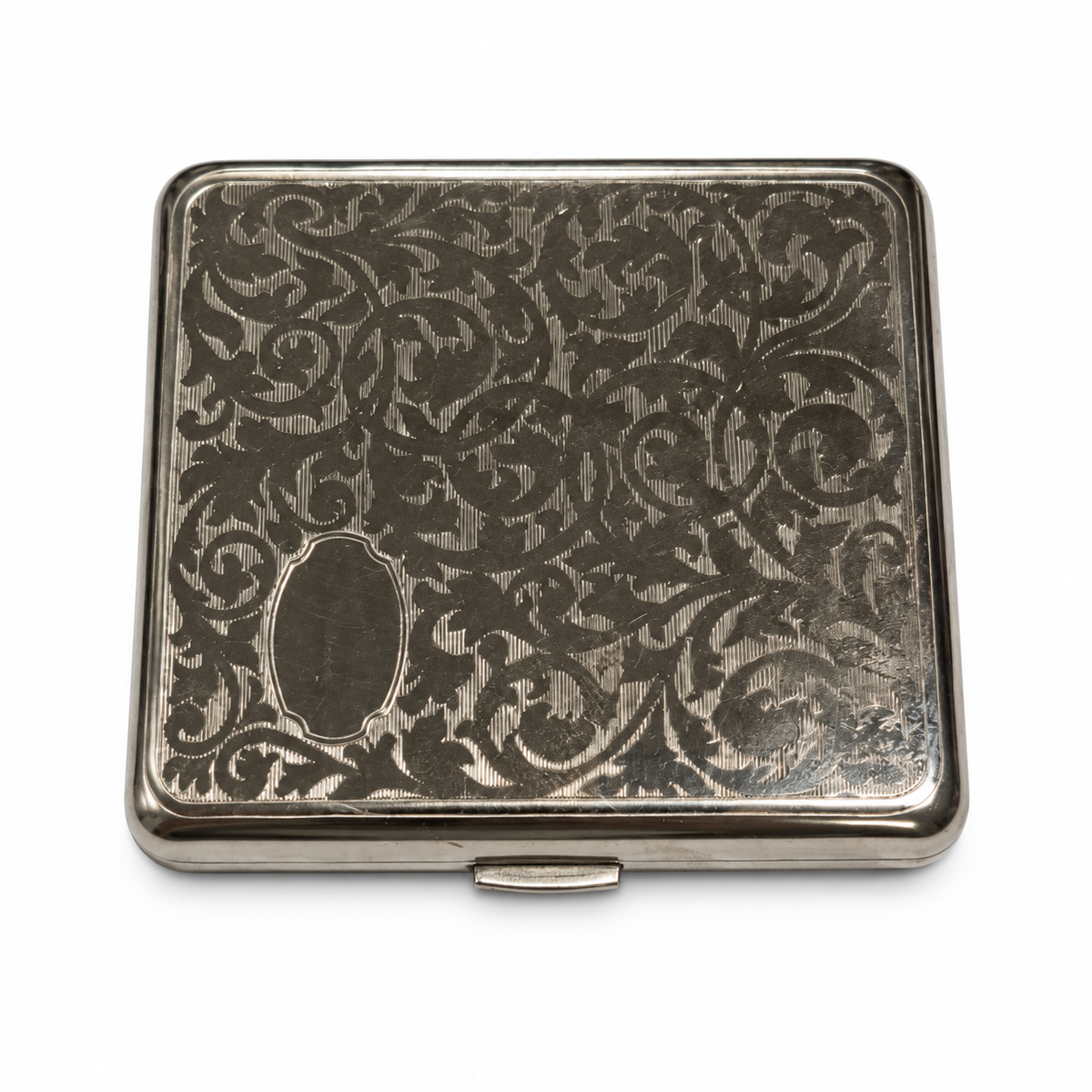 Silver-tone floral metal cigarette case - closed view