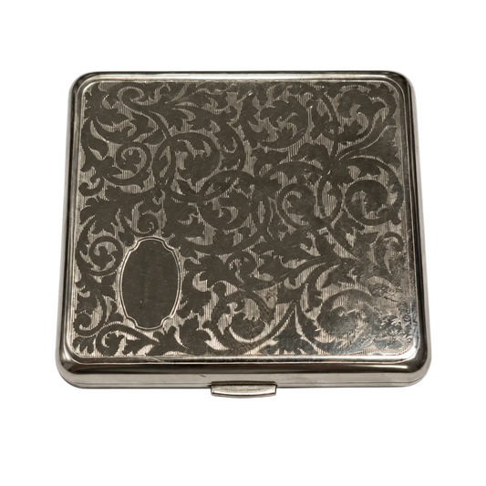Silver-tone floral metal cigarette case - closed view