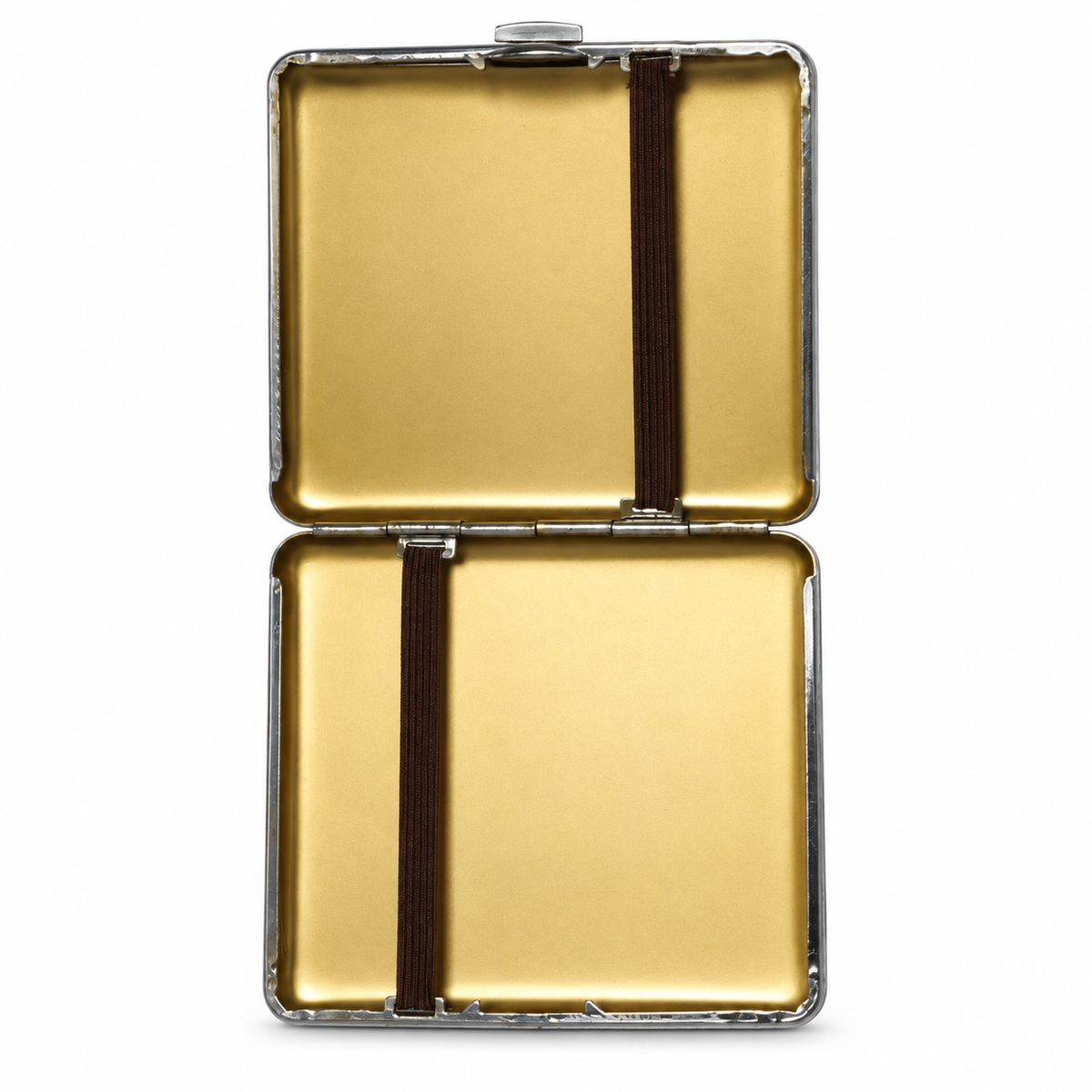 Floral metal cigarette case with elastic holders - open view