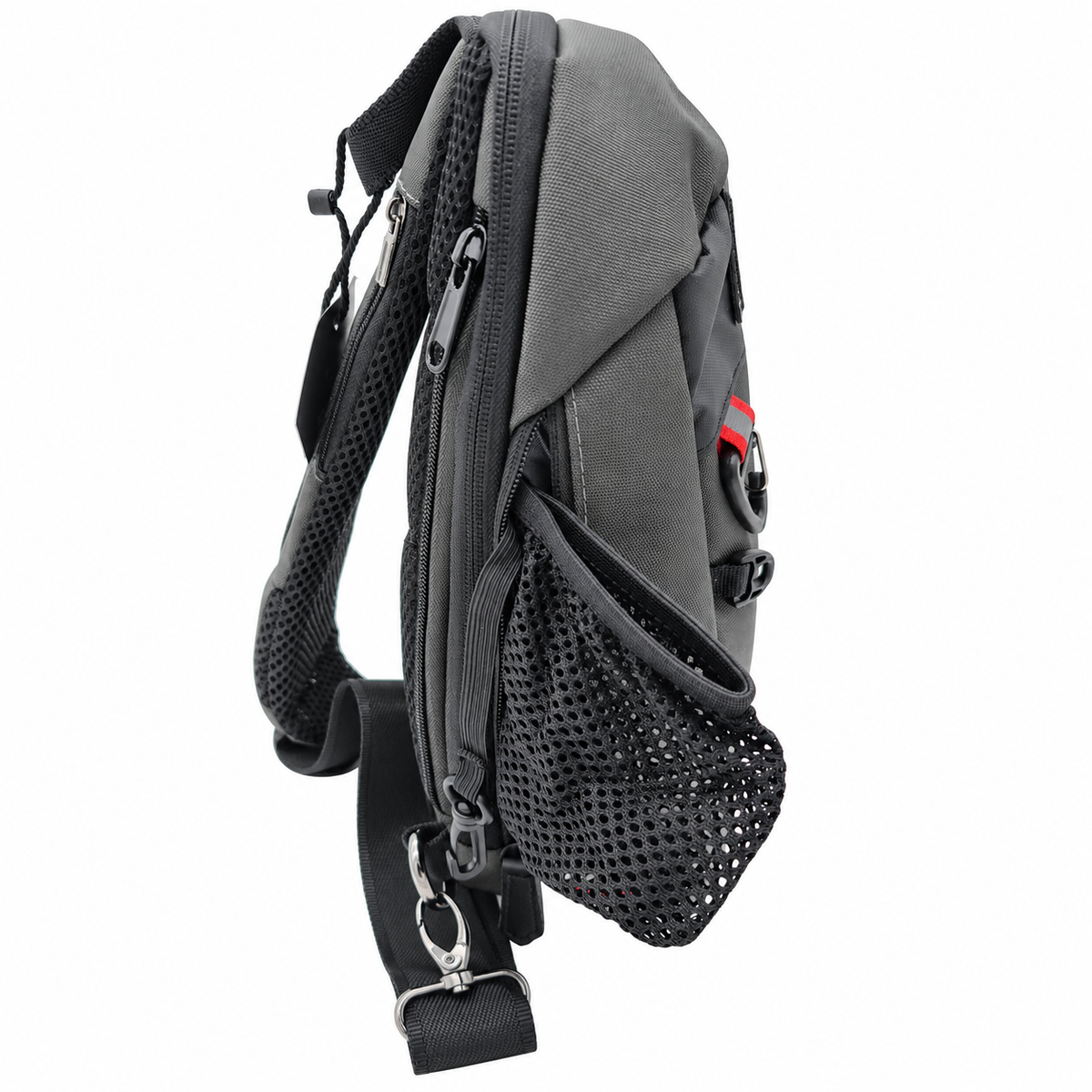 Forecast Y-70032 Gray crossbody bag mesh pocket detail on white background