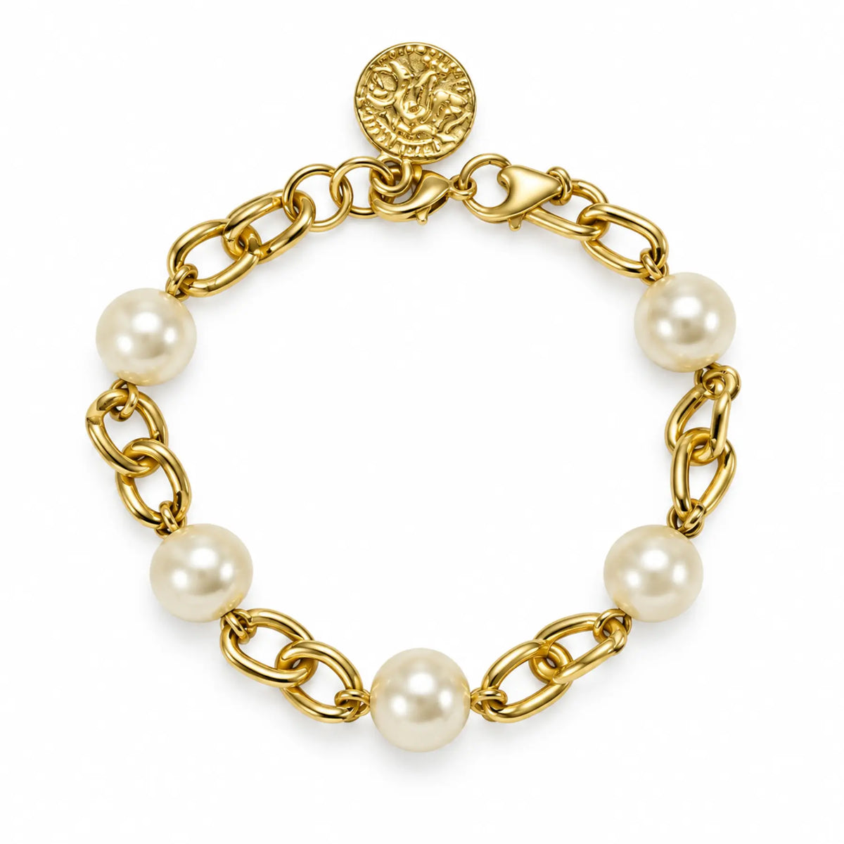 Gold-tone infinity-link bracelet with five pearl-style beads and coin charm