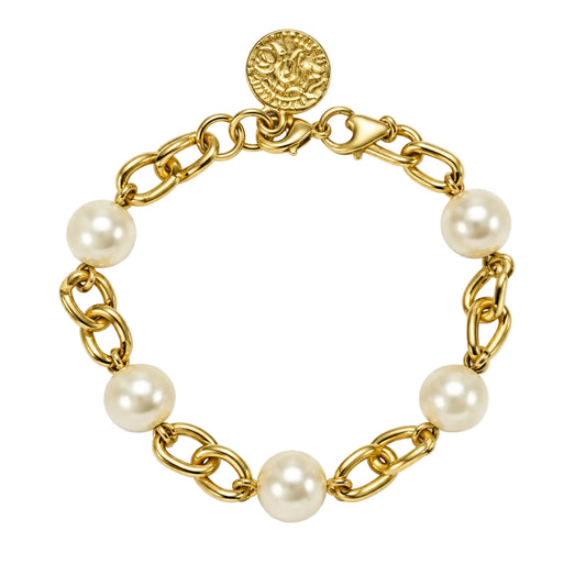 Gold-tone infinity-link bracelet with five pearl-style beads and coin charm