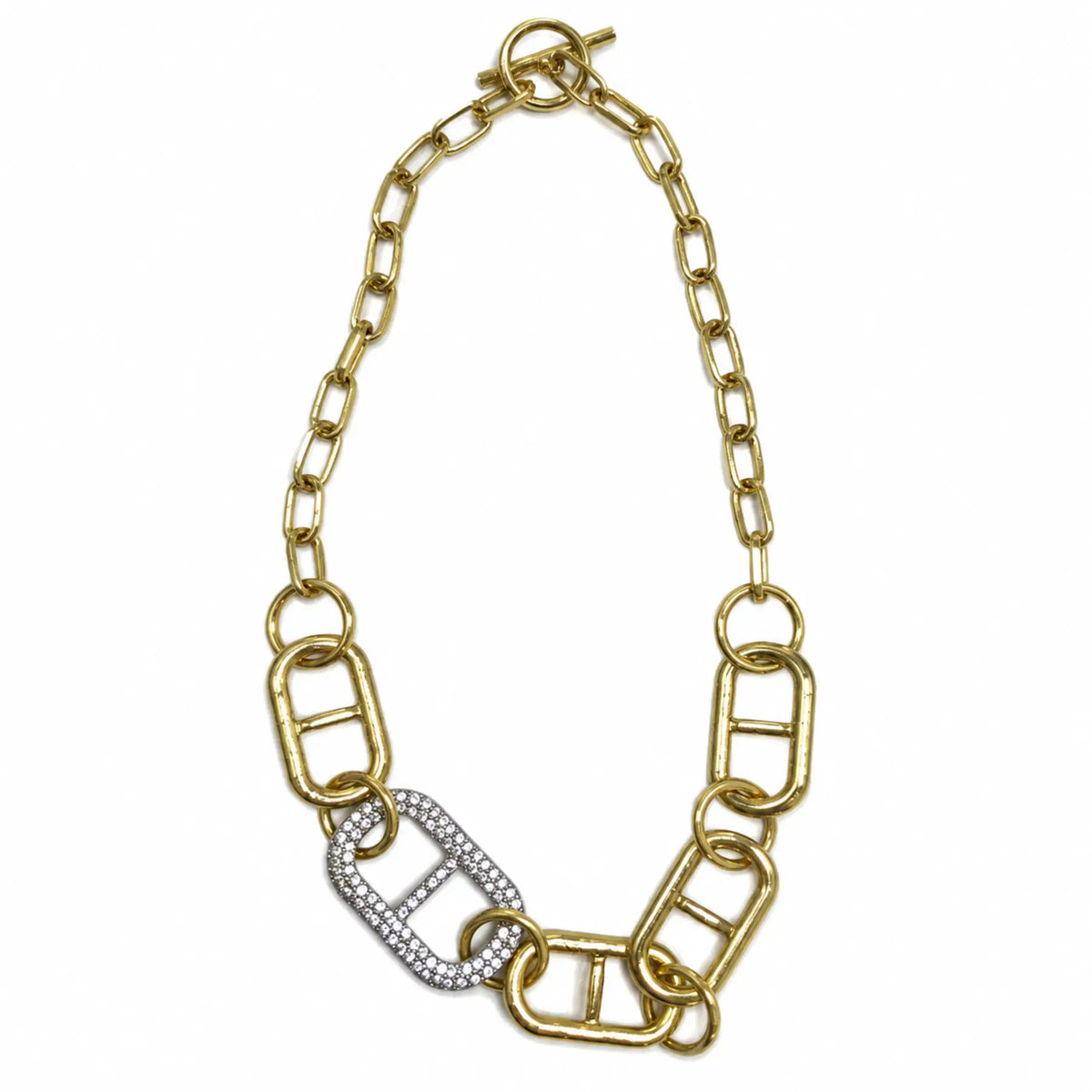 Gold-tone mixed-link necklace with silver crystal statement link