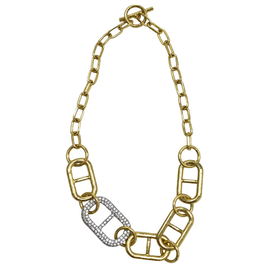 Gold-tone mixed-link necklace with silver crystal statement link