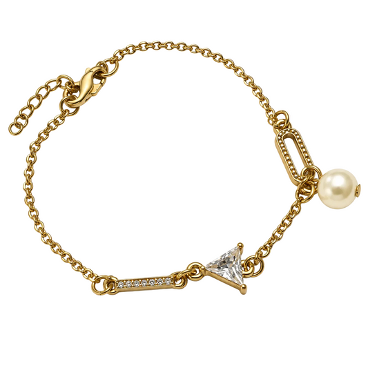 Close-up of gold-tone pearl and crystal charm bracelet