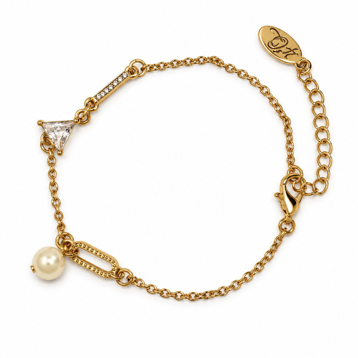 Gold-tone pearl and crystal charm bracelet on white background