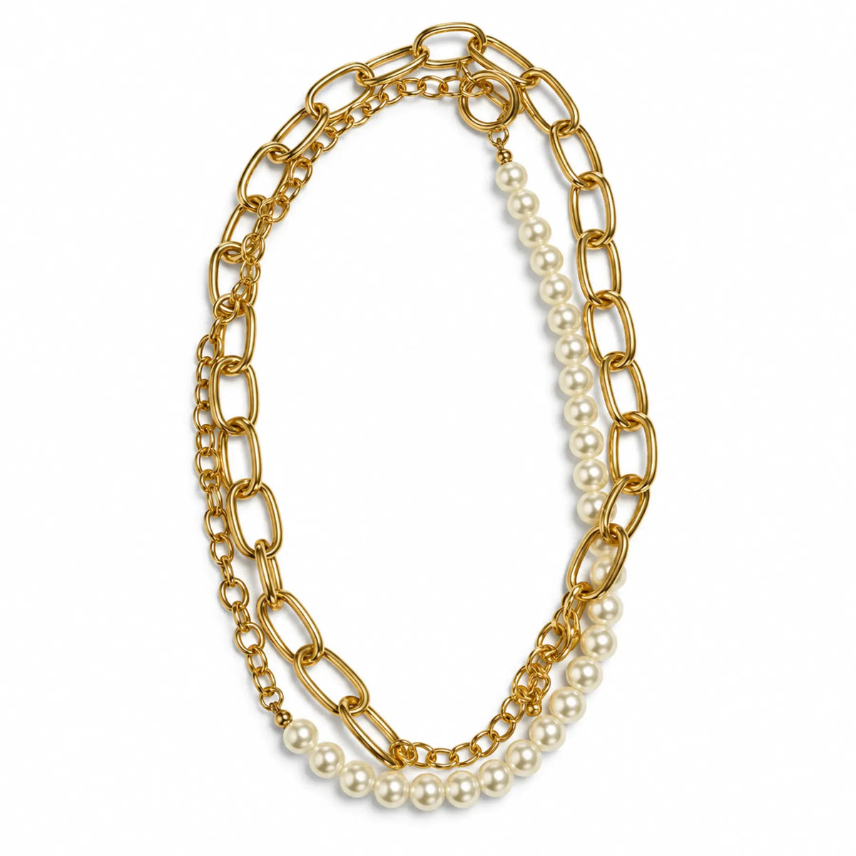 Upright gold-tone double-chain necklace with mixed links and ivory pearl-style beads